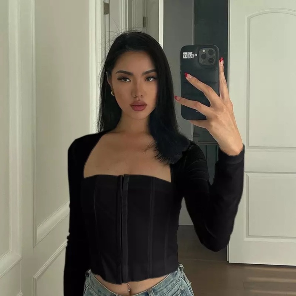Mesh Top Women Long Sleeve Crop Top Black, S